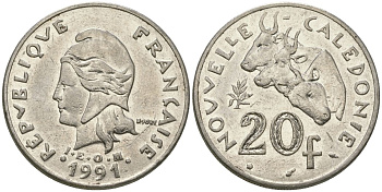 Французская Новая Каледония 20 франков 1991 три быка, (IEOM) KM 12, Schoen 14, Lec 114 никель 81-236