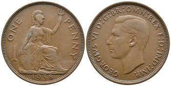Великобритания 1 пенни 1938 Георг VI (1936-1952) KM 845, Spink 4114 бронза 4364-4243