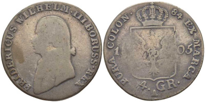 ПРУССИЯ 4 ГРОША 1805 A, ФРИДРИХ ВИЛЬГЕЛЬМ III (1797-1840) КМ 370 серебро 4390-611