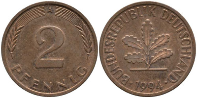 ФРГ 2 ПФЕННИГА 1994 А KM 106а, J. 381а медно-никель плакированный никелем 112-715