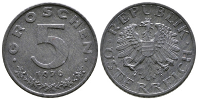 АВСТРИЯ 5 ГРОШЕЙ 1976 KM 2875 цинк UNC 57-1228