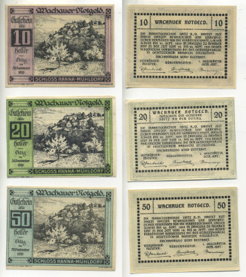 АВСТРИЯ, ВАЧАУ НАБОР ИЗ 3 БАНКНОТ 1920 30 СЕНТЯБРЯ 1920, НОТГЕЛЬД, ЗАМОК РАННА-МЮЛЬДОРФ, 10, 20, 50 ГЕЛЛЕРОВ, SPIZ am der HASTET бумага XF 70-10-1