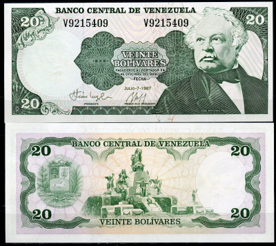 Венесуэла 20 боливаров 1987 Хосе Антонио Паэс Эррера, памятник Родине-матери на полях Карабобо Pick 64A  бумага  UNC (пресс) 447-9-2