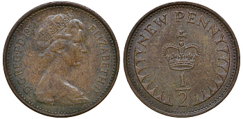 Великобритания 1/2 пенни 1974 Елизавета II (1952-2022) KM 914, Spink 4239 бронза 72-1625