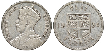 Фиджи 1 флорин 1934 Георг V (1910-1936), герб Фиджи KM 5 серебро 91-1216