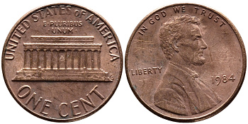 США 1 ЦЕНТ 1984 ЛИНКОЛЬН KM 201b цинк плакированный медью 4178-217