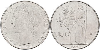 Италия 100 лир 1975 R, Афина KM 96.1 нержавеющая сталь 4117-333