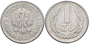 ПОЛЬША 1 ЗЛОТЫЙ 1965 MW KM 49.1, Parchimowicz 213b алюминий 216-812