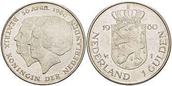 Нидерланды 1 гульден 1980 на коронацию Беатрикс, 30 апреля 1980 KM 200 никель 31-816