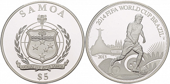 Самоа 5 тала 2013 FIFA, Чемпионат мира по футболу в Бразилии 2014 KM NEW серебро PROOF 11-109-15