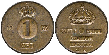 Швеция 1 эре 1969 U, Густав VI Адольф (1950-1973) KM 820 бронза 201-1159