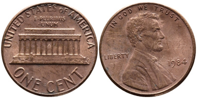 США 1 ЦЕНТ 1984 ЛИНКОЛЬН KM 201b цинк плакированный медью 4178-217