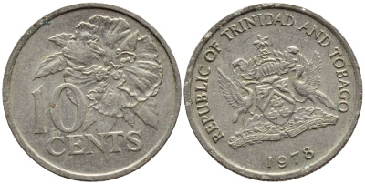 Тринидад и Тобаго 10 центов 1978 цветок гибискуса KM 31 медно-никель 4396-863