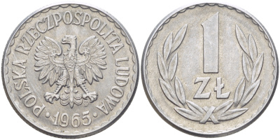 ПОЛЬША 1 ЗЛОТЫЙ 1965 MW KM 49.1, Parchimowicz 213b алюминий 216-812