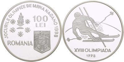 Румыния 100 леев 1998 XVIII зимние Олимпийские игры в Нагано 1998 года, слалом KM 142 серебро PROOF 00-00