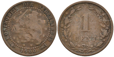 Нидерланды 1 цент 1900 Вильгельмина (1890-1948) KM 107 бронза 4576-639
