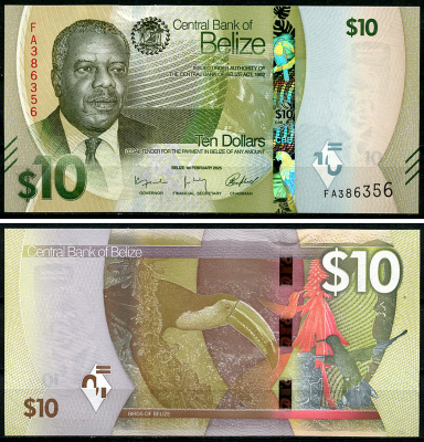 Белиз 10 долларов 2025 Филип Голдсон, зеленая цапля, тукан,колибри Pick 75  бумага  UNC (пресс) 446-48-3