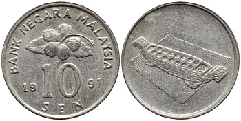 Малайзия 10 сенов 1991 цветок KM 51 медно-никель 4396-111