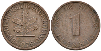 ФРГ 1 ПФЕННИГ 1975 F KM 105, J.380 сталь плакированная медью 75-421