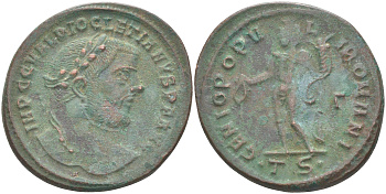 Римская Империя нуммий 302 - 303 Диоклетиан, бюст императора, IMP C C VAL DIOCLETIANVS P F AVG / Гений Римского народа, GENIO POPVLI ROMANI Г TS, Фессалоника RIC 25а биллон 1073-23-24