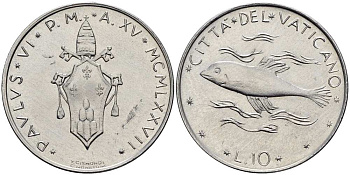 ВАТИКАН 10 ЛИР 1977 ГОД XV, ПАВЕЛ VI (1963-1978), РЫБА KM 119 алюминий 4519-243