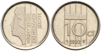 Нидерланды 10 центов 1982 Беатрикс (1980-2013) KM 203 никель  4602-542