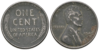 США 1 цент 1943 Авраам Линкольн KM 132 a сталь покрытая цинком 214-857