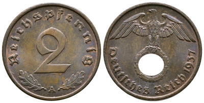 Германия 2 рейхспфеннига 1937 A KM 90, J. 362 бронза 176-514