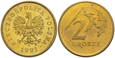 ПОЛЬША 2 ГРОША 1991 MW KM 277 латунь 4528-821