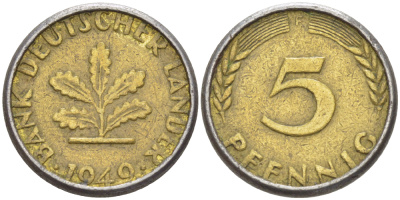 ФРГ 5 ПФЕННИГОВ 1949 F KM 102, J. 377 сталь плакированная латунью 4181-862