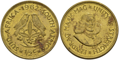 ЮАР 1/2 ЦЕНТА 1962 ЯН ВАН РИБЕК (1619-1677), ГОЛАНДСКИЙ ИССЛЕДОВАТЕЛЬ , МОРЕПЛАВАТЕЛЬ, ОСНОВАТЕЛЬ Г. КЕЙПТАУНА, ДВЕ ПТИЧКИ НА ВЕТКЕ С ЯГОДАМИ KM 56 латунь UNC 67-237