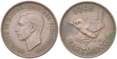 Великобритания 1 фартинг 1948 Георг VI (1936-1952) KM 843, Spink 4116 бронза 4613-518