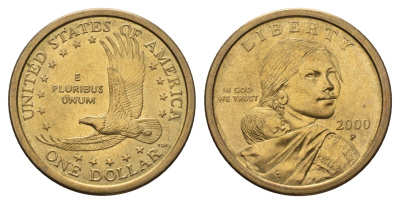 США 1 доллар 2000 Р, индианка Сакагавея KM 310 медь с марганцево-латунным покрытием UNC 98-444
