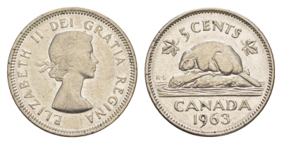 Канада 5 центов 1963 Елизавета II (1952-2022), бобр KM 57 никель 4636-564