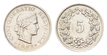 Швейцария 5 раппенов 1968 B KM 26 медно-никель 4705-1258
