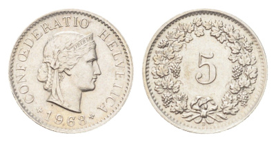 Швейцария 5 раппенов 1968 B KM 26 медно-никель 4705-1258
