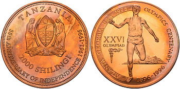 Танзания 2000 шиллингов 1996 XXVI Олимпийские игры 1996 года в Атланте, 100 лет Олимпийскому движению, финиш пробник, гладкий гурт медь PROOF 06-156-21