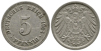 Германия 5 пфеннигов 1904 А, KM 11, J. 12 медно-никель 4364-3047