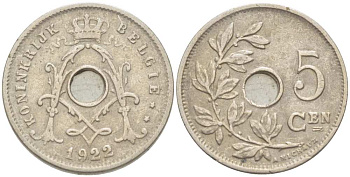БЕЛЬГИЯ 5 САНТИМОВ 1922 BELGIE KM 67 медно-никель 3309-1261