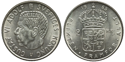 Швеция 2 кроны 1965 U, Густав VI Адольф (1950-1973) KM 827 серебро UNC 00-00