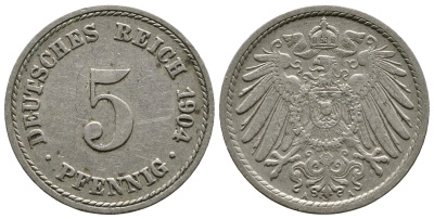 Германия 5 пфеннигов 1904 А, KM 11, J. 12 медно-никель 4364-3047