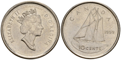 Канада 10 центов 1999 Елизавета II (1953-), парусник KM 183 никель 4189-922