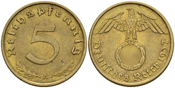 Германия 5 рейхспфеннигов 1937 A KM 91, J. 363 алюминиевая бронза 4151-744