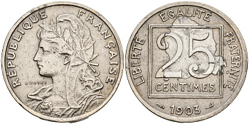 Франция 25 сантимов 1903 год тип KM 855   никель      4153-351