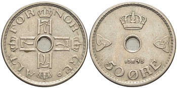 Норвегия 50 эре 1948 Хокон VII (1905-1957) KM 386 медно-никель 119-932