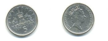 Великобритания 5 пенсов 1991 Елизавета II (1952-2022) KM 937b, Spink 4372 (D4) медно-никель 59-645