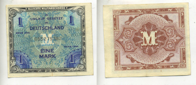 Германия, оккупация союзниками 1 марка 1944 9 цифр, без кода, выпуск СССР Pick 192 b бумага 7222-4-1-1