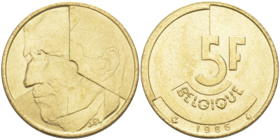 БЕЛЬГИЯ 5 ФРАНКОВ 1986 BELGIQUE KM 163 латунь или алюминевая бронза 106-613