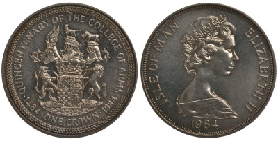 Остров Мэн 1 крона 1984 500 лет колледжу оружейников, геральдическая палата KM 124 медно-никель UNC 00-00