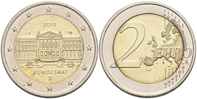 Германия 2 евро 2019 D, 70 ЛЕТ БУНДЕСРАТУ KM 100 биметалл 88-342
